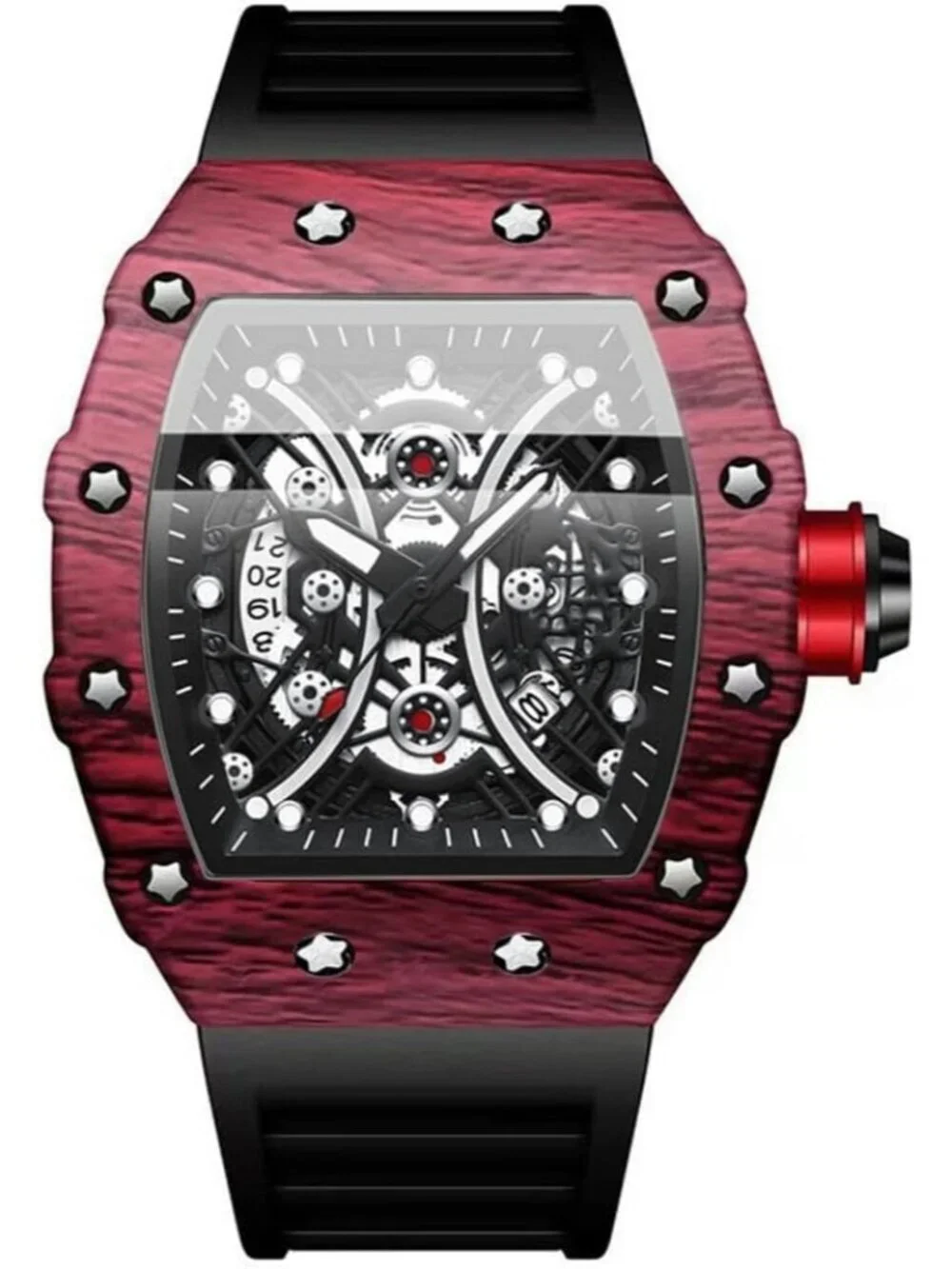 Men's Black Red Analog Quartz Silicone Strap Barrel-Shaped Skeleton Luxury Watch